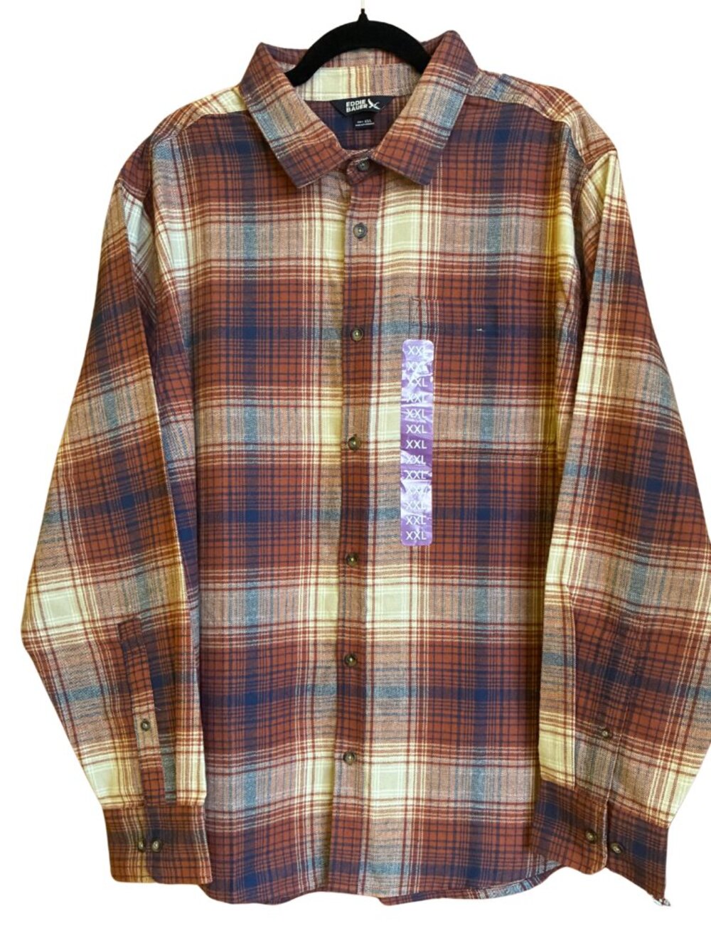NTW Eddie Bauer Men’s XXL Plaid Button Down Shirt Rust Navy Rustic Outdoor